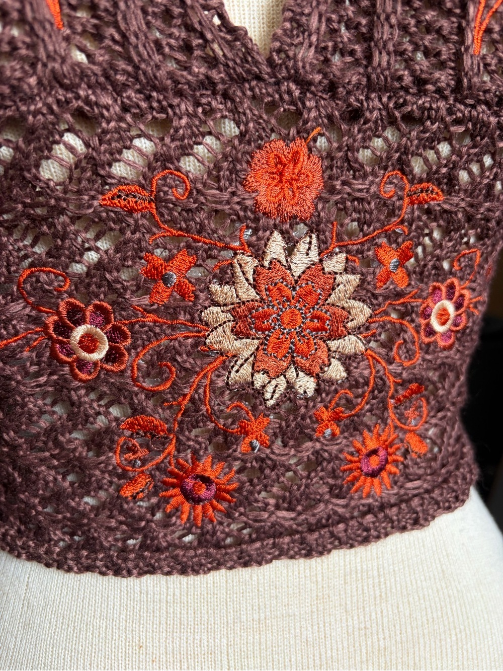 Y2K Crochet Brown Floral Babydoll Halter Festival Top - Picture 5 of 5